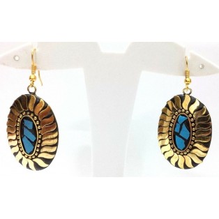 Retro Metal Earring - Ethnic Tribal Fusion - Drop Dangle Hook Long - Leafy Gold 2